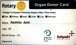 radhika apte organs donor card