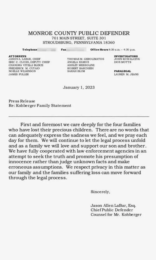 kohberger family statement