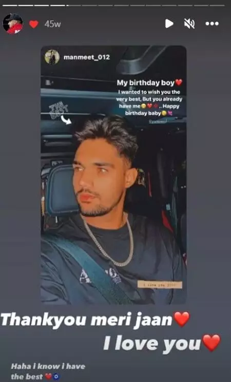 gurnoor brar instagram story after his girlfriend manmeet kaur wished him on his birthday
