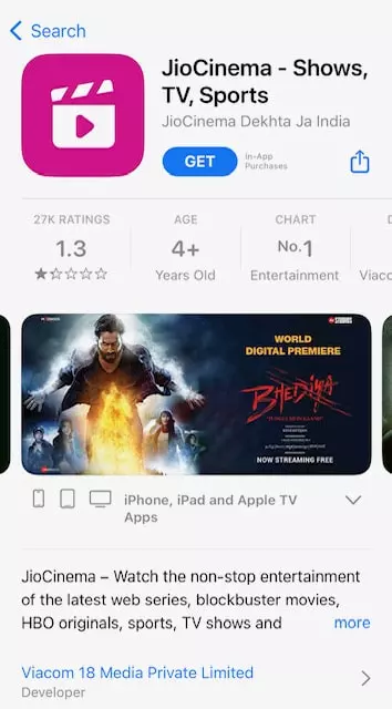 Jio Cinema rating on AppStore