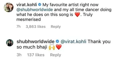 virat kohli appreciating shubh