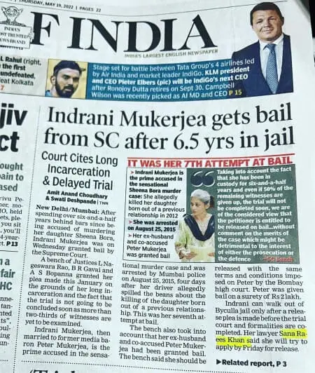 A newspaper clip of Sheena Bora murder case