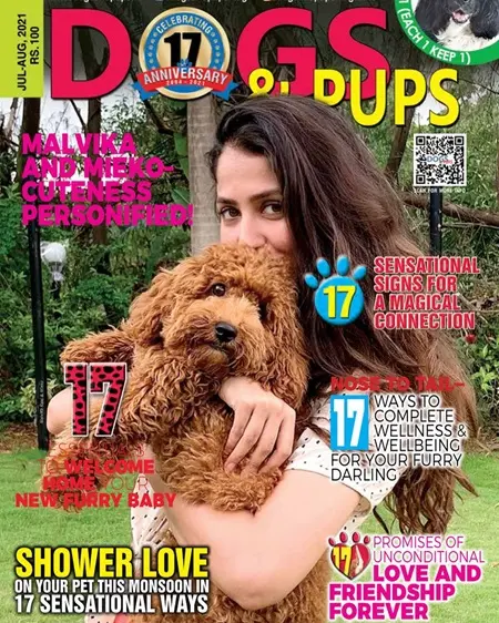 malvika raaj on the cover page of dogs & and pups magazine