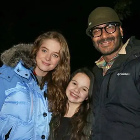Abigail Eames with Ajay Devgan and Erika Kaar on the sets of Shivaay